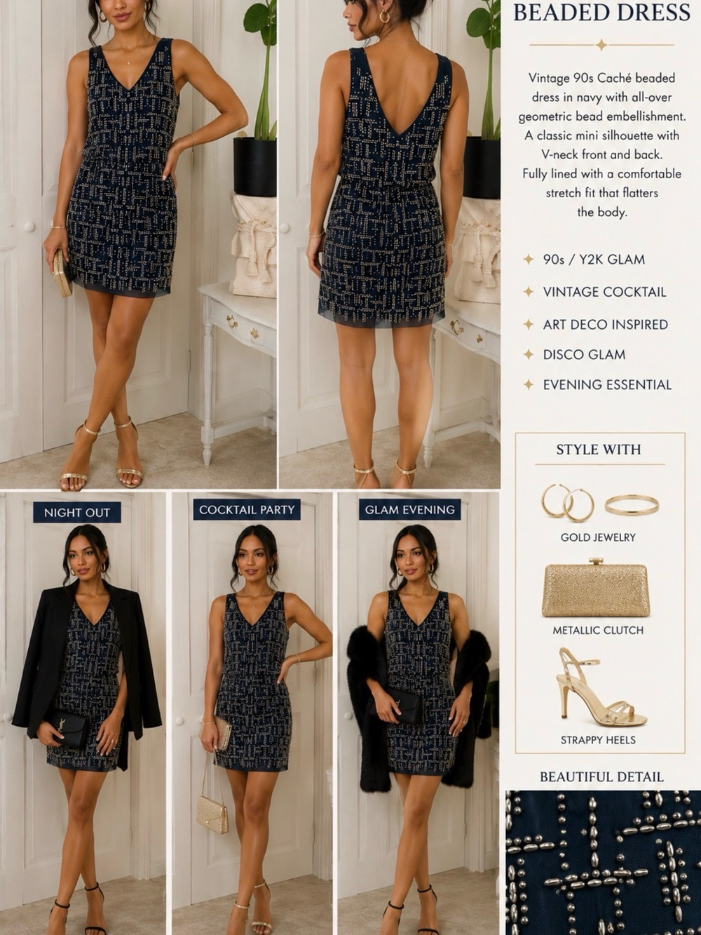 Caché Cocktail 90s Y2K Glam Vintage-Inspired Beaded V-Neck Mini Dress in Teal